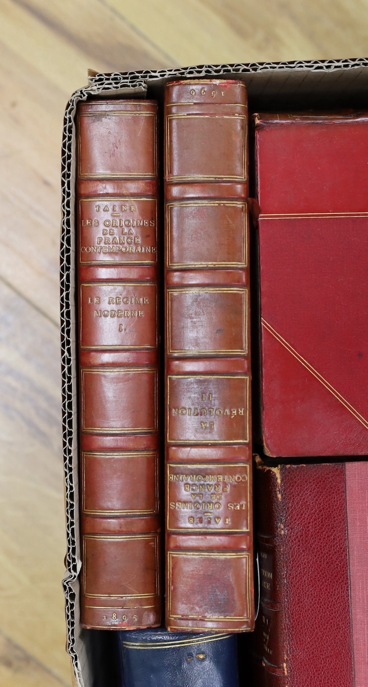 Ranke, Leopold - The Ecclesiastical and Political History of the Popes of Rome. 2nd edition, 3 vols. old calf backed cloth. 1841; Taine, H. Ouvrage Complet. 6 vols (various editions); contemp. red gilt ruled half calf an